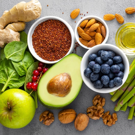 A variety of fruits, veggies, grains, and nuts.